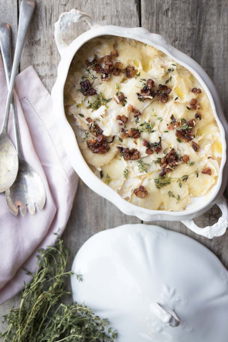 Scalloped Fauxtatoes with Bacon, Leeks, and Gruyère Cheese