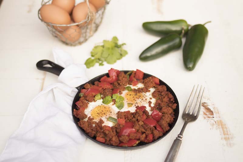Spicy fried eggs with chorizo