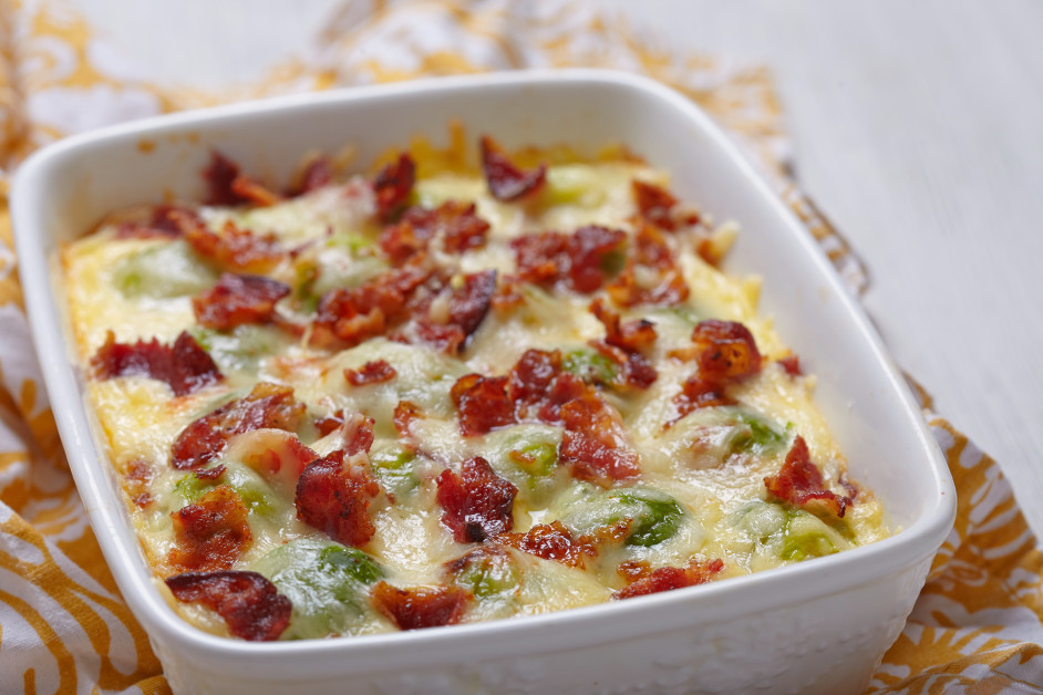 Cheesy Bacon Brussel Sprout Casserole