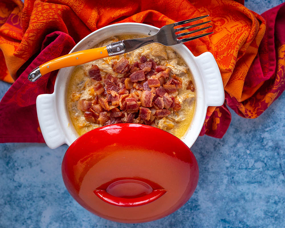 Slow Cooker Shredded Chicken with Cheddar Cream and Bacon