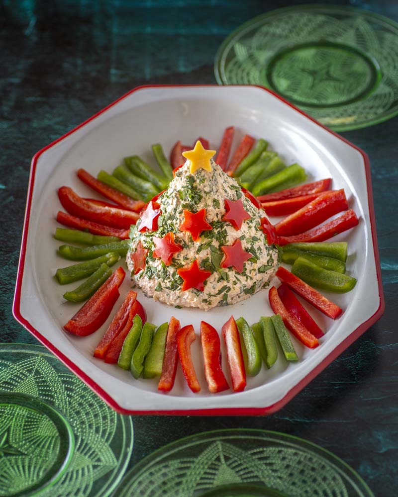 Holiday Tree Cheeseball with Red and Green Bell Pepper Slices