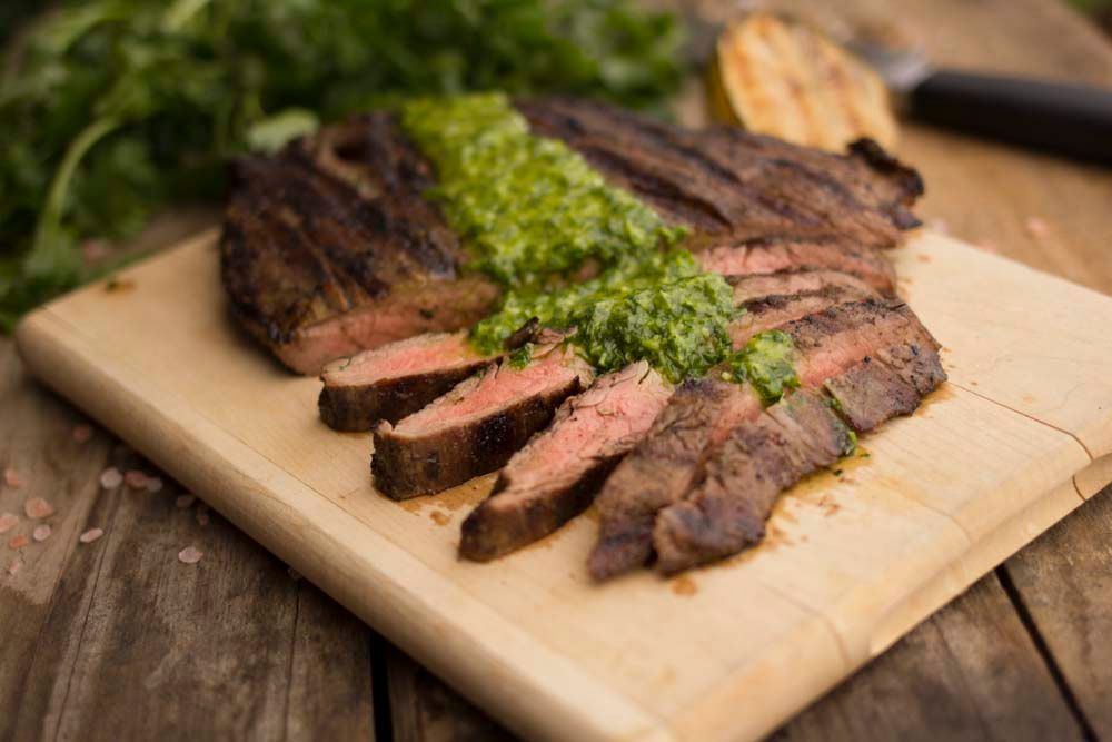 Grilled Marinated flank steak with chimichurri 