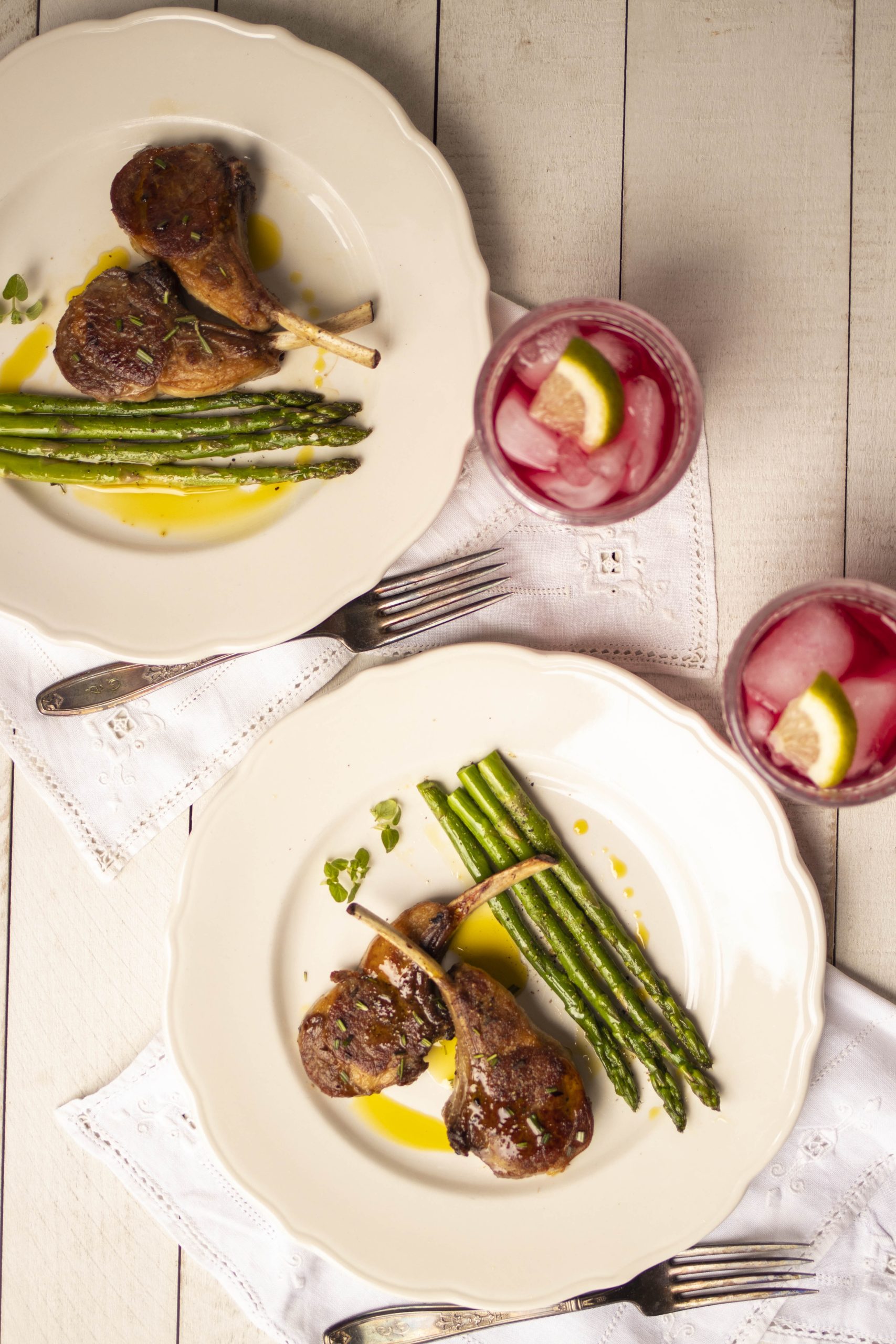One Skillet Garlic and Herb Lamb Chops with Asparagus